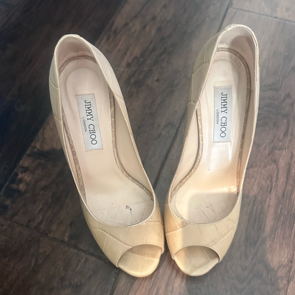 Jimmy Choo Tan Peep Toe Heels